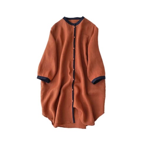 2024 Autumn Loose Casual Stand Collar Mid-Length Three-quarter Sleeve Shirt Contrast Color Casual Cardigan Sun Protection Shirt