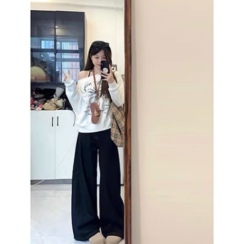 2024 new fashion brand white bow slanted shoulder sweatshirt for women spring and autumn high-end temperament versatile sweet top trendy