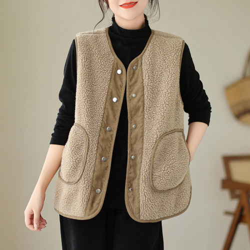 Reversible lamb hair vest for women autumn and winter new style retro literary loose sleeveless corduroy jacket