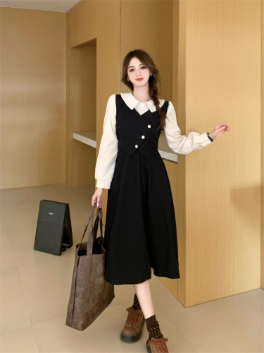 Real shot color matching fake two-piece long-sleeved dress for women autumn retro irregular small pleated long skirt