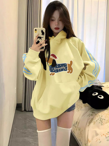 Bright yellow three-stripe hooded sweatshirt for women early autumn new Korean style loose niche design unique top