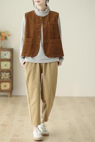 Classic single-breasted sleeveless top, artistic retro style corduroy vest jacket