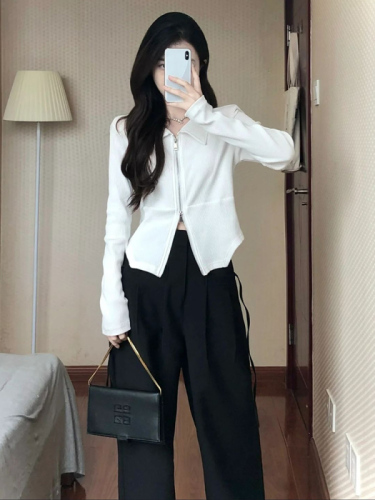 Design niche POLO collar right shoulder long sleeve T-shirt women's spring and autumn short bottoming shirt high waist slim fit top