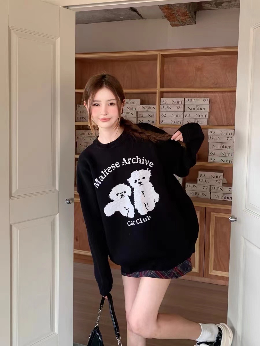2024 Autumn and Winter New Korean Style Lazy Style Cute Cartoon Puppy Sweater Women’s Round Neck Heavy Sweater