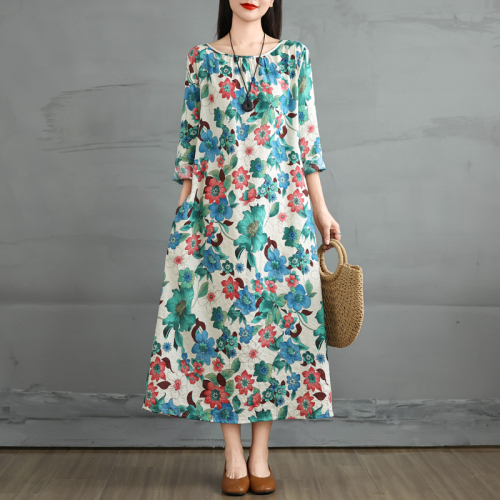 New cotton and linen printed short-sleeved dress, retro age-reducing printed large size pullover round neck mid-length skirt