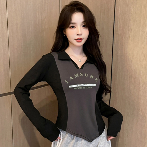 Actual shot ~ Autumn and winter new Korean style American print slimming slimming belly-covering irregular contrasting color polo collar top for women