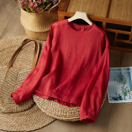 Front and back two-wear round neck lantern sleeve ramie shirt autumn thin and light sun protection shirt top