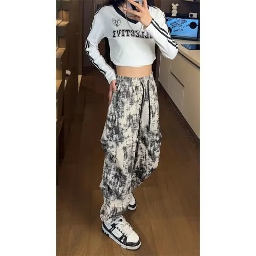 Black corduroy pants for women in autumn, tie-dye design, sports nine-point pants, trendy brand, loose-fitting casual trousers