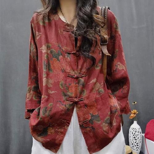 Cotton and linen women's clothing 2024 new autumn style retro ethnic style distressed top printed versatile foreign style small jacket