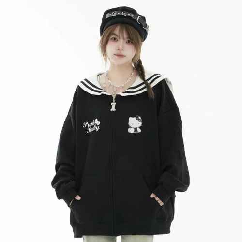 Original design couple navy collar loose zipper sweatshirt women's autumn and winter lazy style jacket