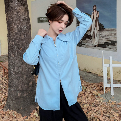 Real shot of 2-color French retro design zipper white POLO collar long-sleeved shirt for women with niche temperament and loose fit