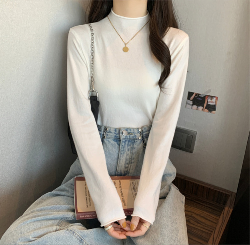 Actual shot of versatile basic solid color slim half turtleneck long-sleeved bottoming shirt knitted top for women with western style inner wear