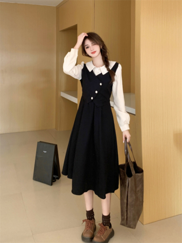 Real shot color matching fake two-piece long-sleeved dress for women autumn retro irregular small pleated long skirt