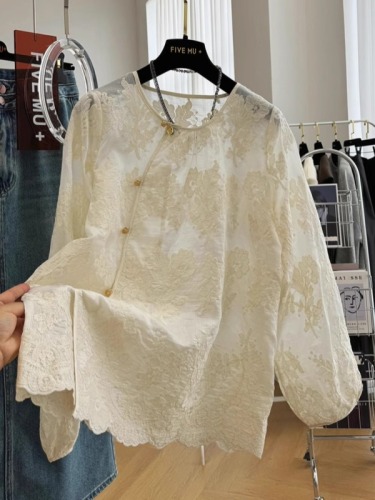 New new Chinese style light national style embroidered lace shirt round neck shirt popular this year beautiful small shirt tops for women