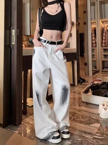 White old graffiti ripped wide leg jeans for women thin autumn new high waist straight drape floor mopping trousers