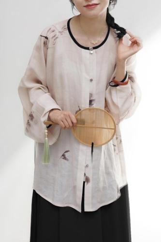 Zhao's Hanfu Autumn New Cotton and Linen Daily Made Round Neck Bow Pocket Sleeve Short Shirt Breathable