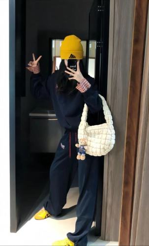 American style college wind double waist splicing straight tube loose wide leg casual pants women's spring and autumn sports tracksuit 