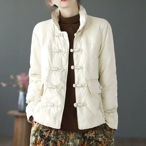 Retro ethnic style disc button stand collar women's short winter down jacket embroidered warm jacket top