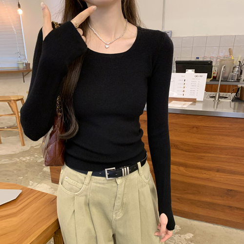 Real photos of early autumn wear long-sleeved bottoming sweater for women autumn and winter 2024 new slim fit square collar top