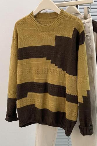 Contrast color sweater to cover belly, loose and versatile autumn clothing, casual, western and fashionable women's sweater