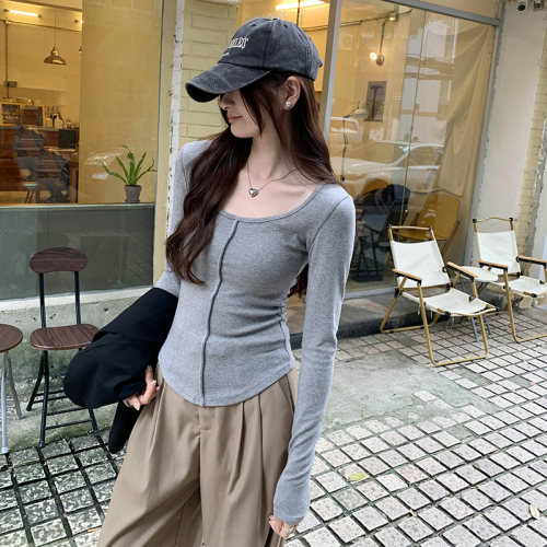 Actual photo design three-dimensional midline u-neck hot girl slim long-sleeved bottoming shirt for women with autumn 2024 new T-shirt