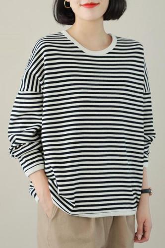 Striped sweatshirt for women, loose, slim, Korean version, versatile, casual, simple, round neck, spring and autumn long-sleeved T-shirt