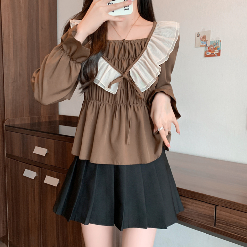 Real shot~Large size women's French ruffled long-sleeved shirt for women in autumn and winter, new style of belly-covering and slim-fitting tops