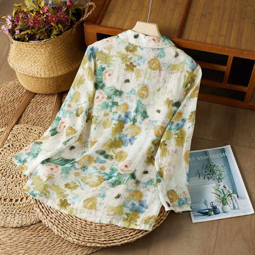 Literary print double pocket small suit collar jacket loose and light sun protection cardigan top