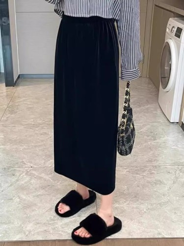 Black gold velvet skirt for women in spring and autumn new straight-through temperament slimming A-line long skirt for women