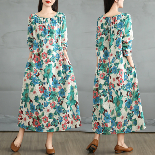 New cotton and linen printed short-sleeved dress, retro age-reducing printed large size pullover round neck mid-length skirt