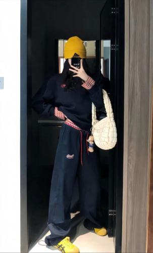 American style college wind double waist splicing straight tube loose wide leg casual pants women's spring and autumn sports tracksuit 