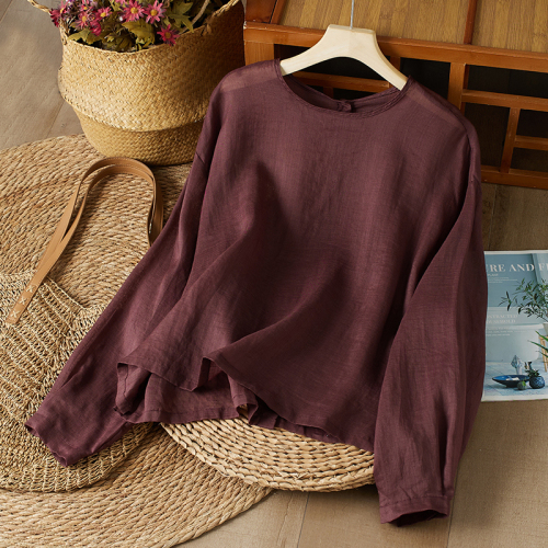 Front and back two-wear round neck lantern sleeve ramie shirt autumn thin and light sun protection shirt top