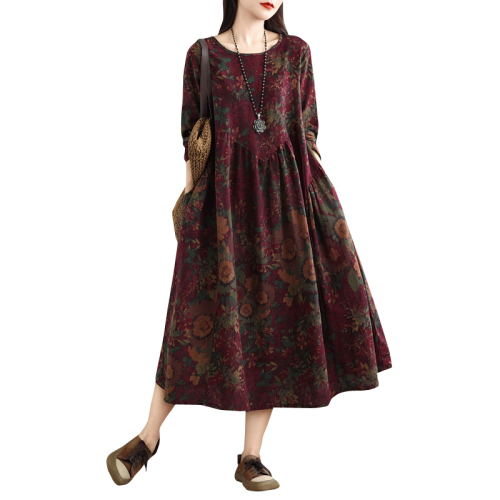 New retro cotton and linen printed round neck long-sleeved dress for women loose large size slimming spliced ​​A-line skirt for women