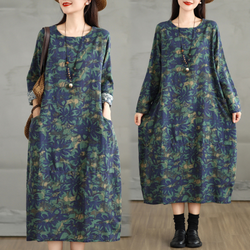 New cotton and linen printed long-sleeved dress, retro age-reducing printed large size pullover round neck mid-length skirt