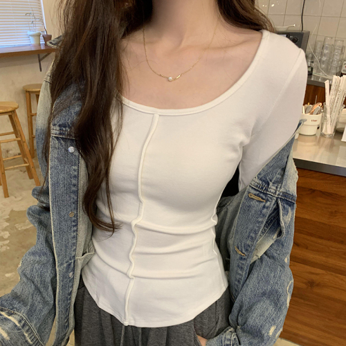 Actual photo design three-dimensional midline u-neck hot girl slim long-sleeved bottoming shirt for women with autumn 2024 new T-shirt