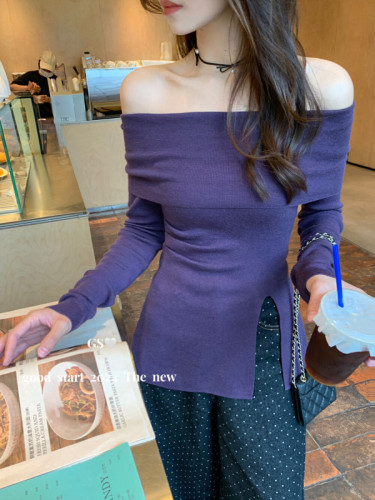 2024 new autumn Korean style niche one-shoulder pleated irregular off-shoulder long-sleeved bottoming sweater