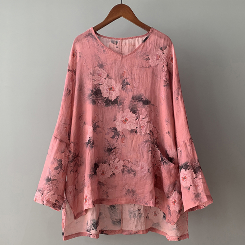 2024 Autumn Print Gentle Age-Reducing Print V-neck Pocket Style Loose and Versatile Top