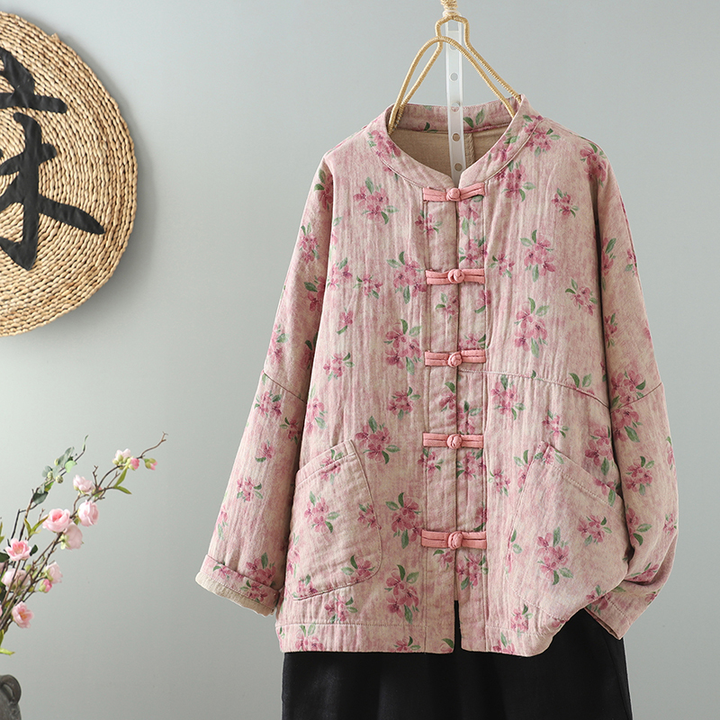 Retro buckle printed cotton and linen jacket autumn new loose casual all-match stand collar jacket top outer wear
