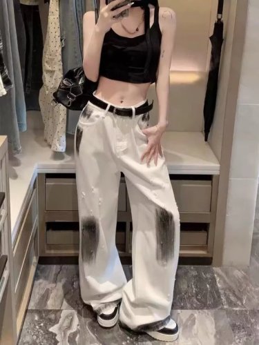 White old graffiti ripped wide leg jeans for women thin autumn new high waist straight drape floor mopping trousers