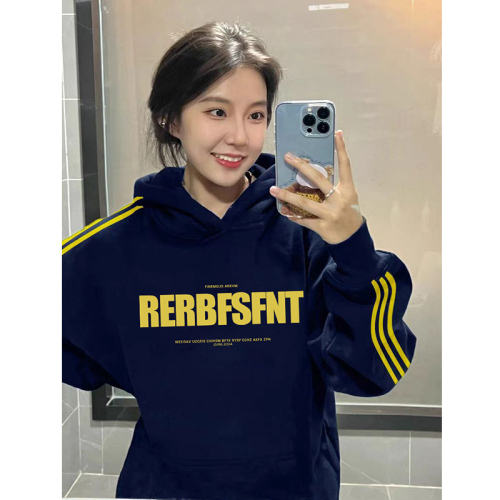 Couple wear navy blue three-stripe hooded sweatshirt for women 2024 autumn and winter new style loose shoulder jacket trendy