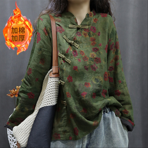 Autumn and winter cotton thickened linen printed casual jacket loose bat sleeves V-neck disc button double layer top for women