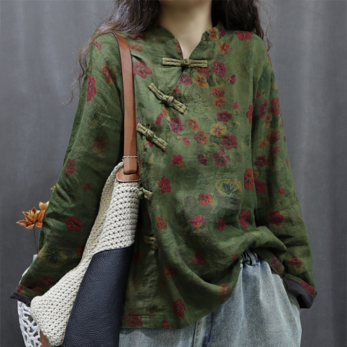 Autumn and winter new linen printed casual short coat loose bat sleeves V-neck disc button double layer top for women