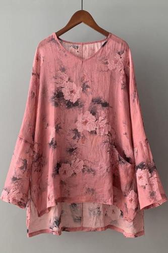 2024 Autumn Print Gentle Age-Reducing Print V-neck Pocket Style Loose and Versatile Top