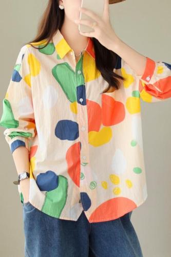 Shirt top women's design 2024 new Korean version commuter arc hem painted graffiti printed long sleeves