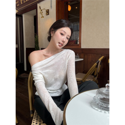 Real shot of thin see-through lace dark pattern stitching early autumn trumpet long-sleeved top for women