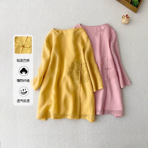 National style new Chinese style women's clothing, thin and delicate double-layered nine-quarter sleeve shirt, loose mid-length top and cool pullover