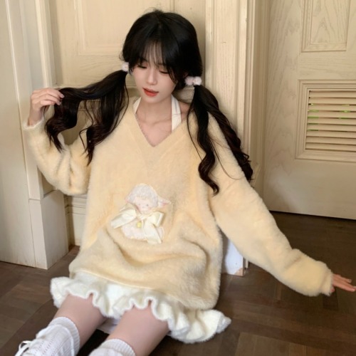 Flower sweet cheese girly imitation mink velvet sheep V-neck sweater spring and autumn Korean style top sweater