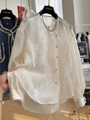 New Chinese style high-end heavy industry embroidery embroidery round neck shirt women's long-sleeved lace organza top