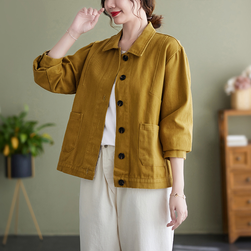 2024 new autumn style pure cotton long-sleeved jacket for women, artistic loose slimming lapel short top