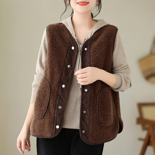 Reversible lamb hair vest for women autumn and winter new style retro literary loose sleeveless corduroy jacket